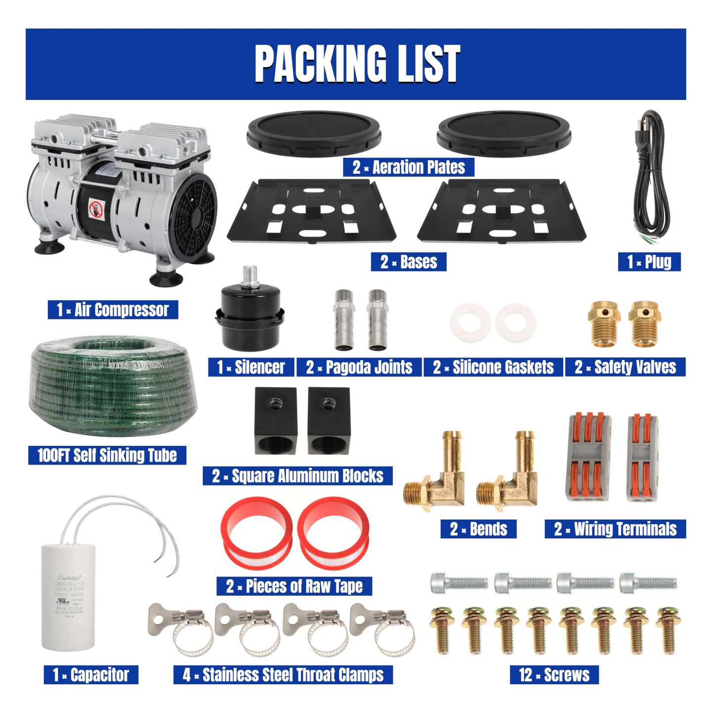 Pond Aerator Pump Lake Aerartion System 5.76 CFM for Up to 3 Acre with 2 Diffusers 3/4 HP Compressor 100' Weighted Tubing for Outdoor Ponds Deep Water Oxygen Circulation