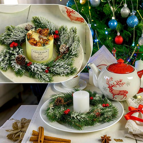 Jansun Christmas Candle Rings - 4 Pcs Red Berries & Pine Needles Mini Wreaths for Holiday Decor