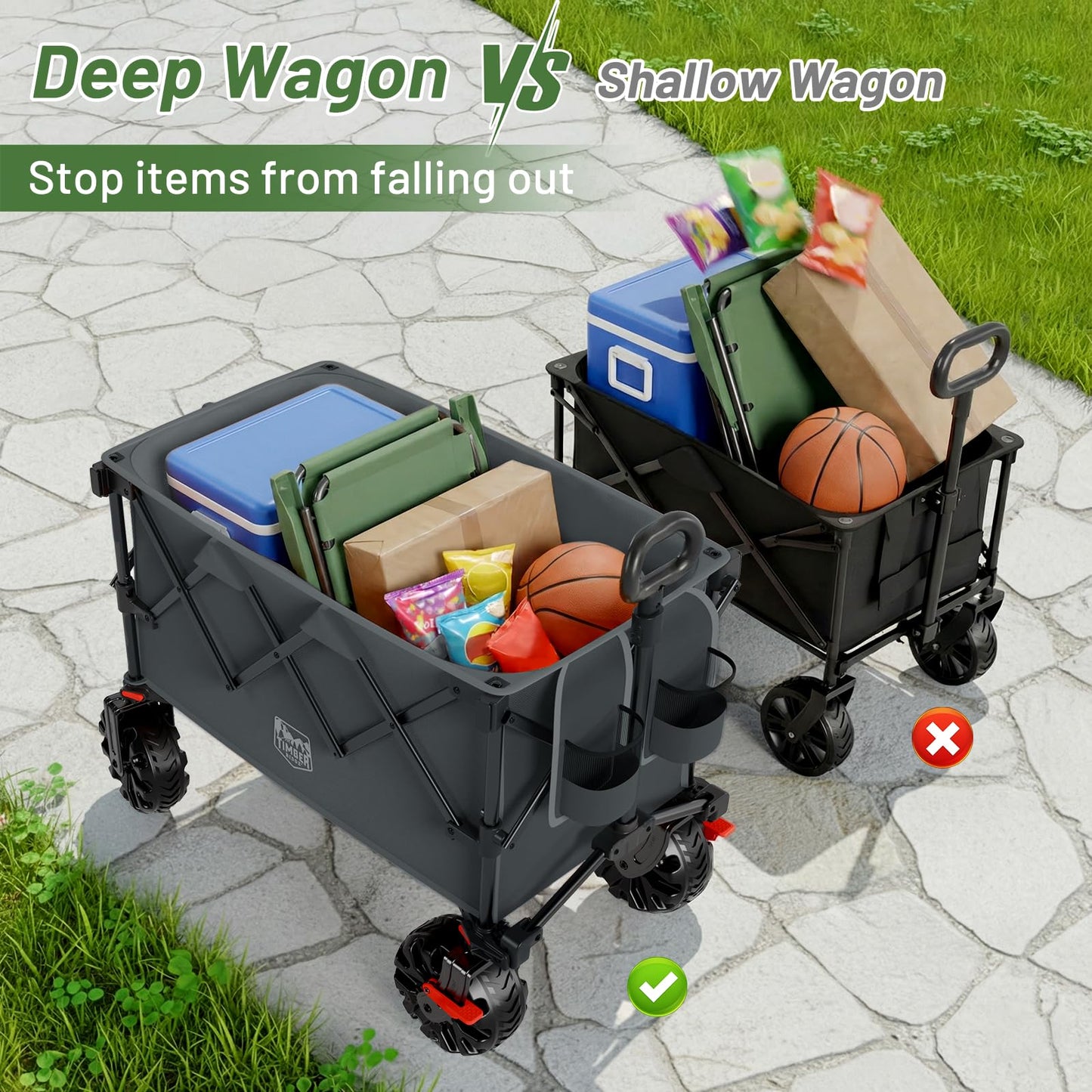 Timber Ridge Outdoor Collapsible Wagon with Brakes Utility Folding Cart Heavy Duty All Terrain Wheels for Shopping Camping Garden with Side Bag and Cup Holders, Grey