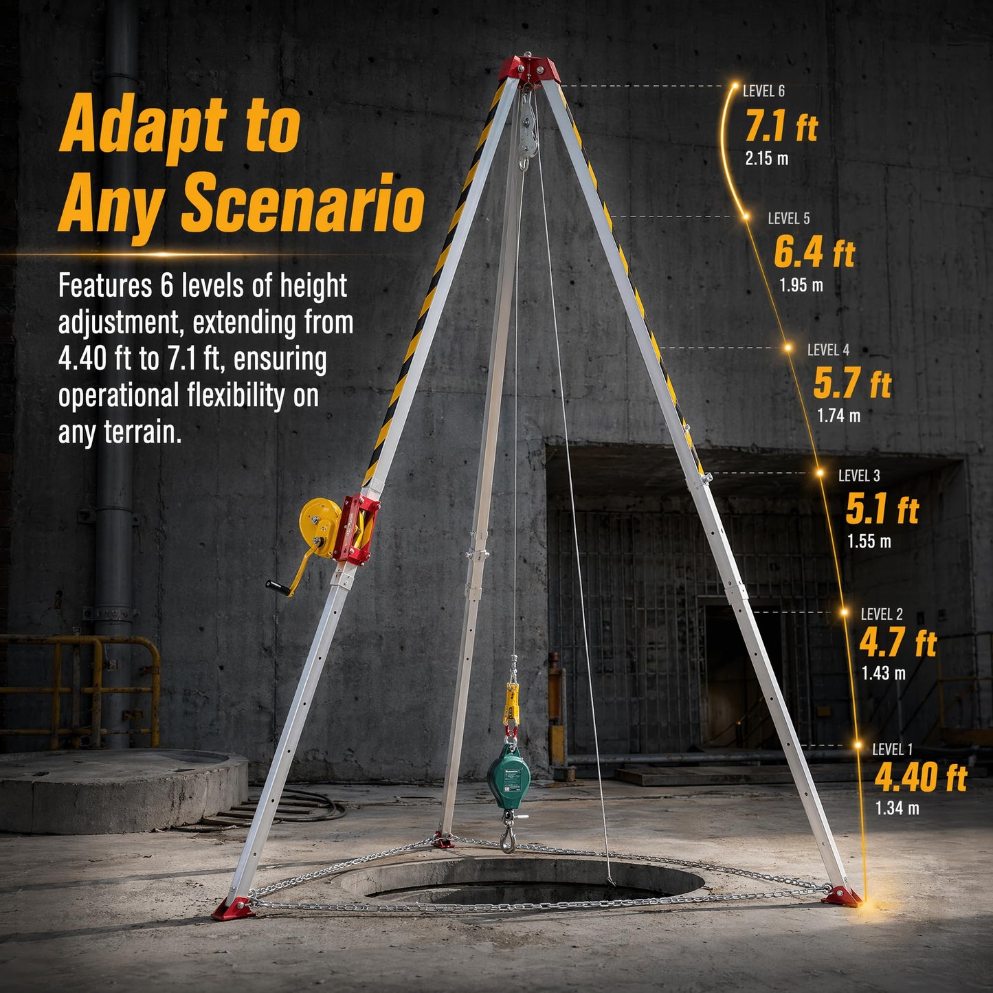 Confined Space Tripod 1800lbs Rescue Tripod Kit with 98.43ft Steel Wire Rope Fall Protection Equipment Aluminium Alloy Adjustable Height 4.40-7.1FT Lifting Winch Safety Equipment