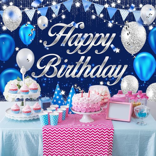 Happy Birthday Banner | Blue & Silver Party Decorations for Men, Women, Boys & Girls
