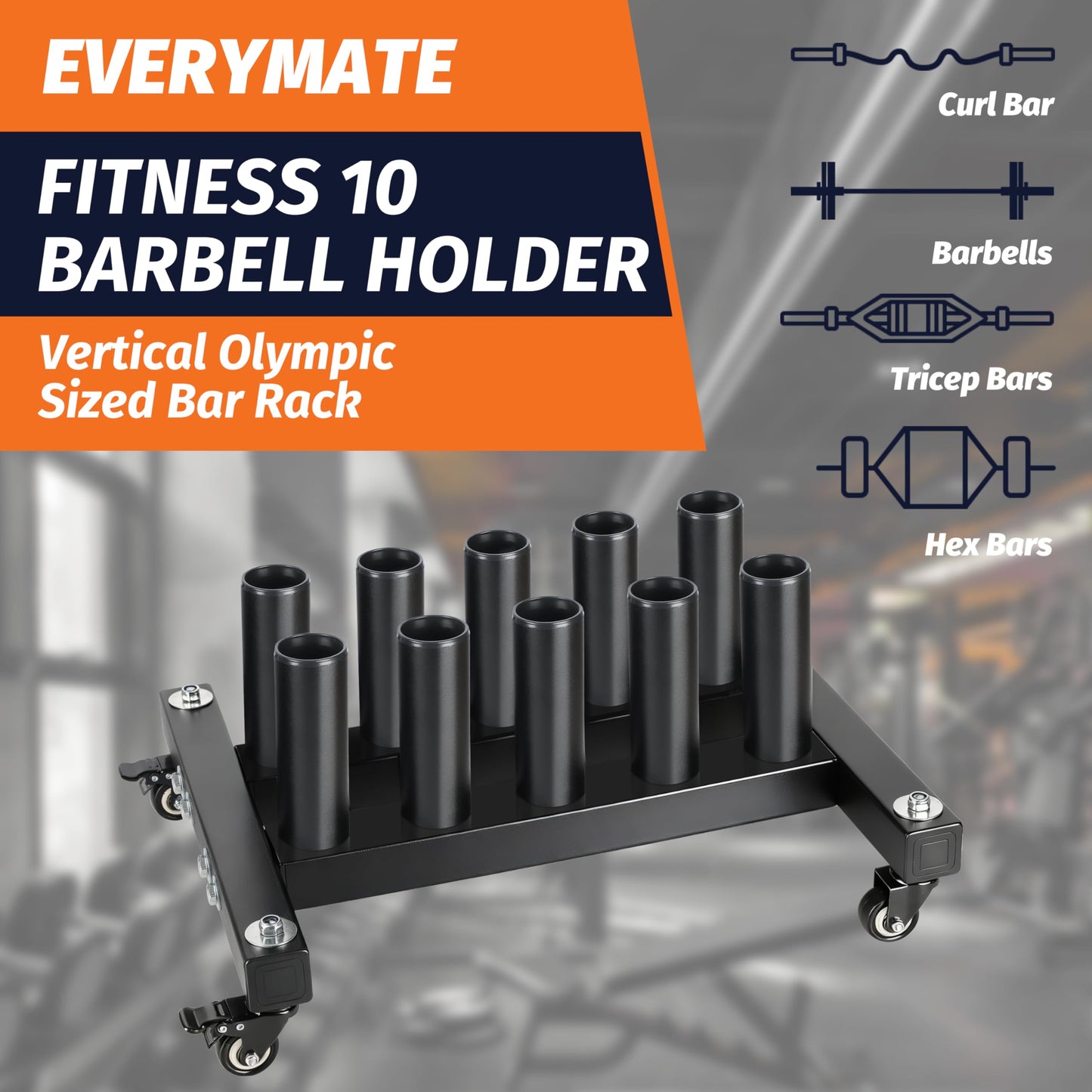 EVERYMATE Vertical Barbell Rack, Movable Barbell Stand holder- Heavy-Duty Steel Organizer Holds Up to 10 Olympic Barbells, Fits 2" Olympic Bars, with Scratch-Resistant Inserts, Space-Saving for Home/Garage/Commercial Gym（with silent wheels）