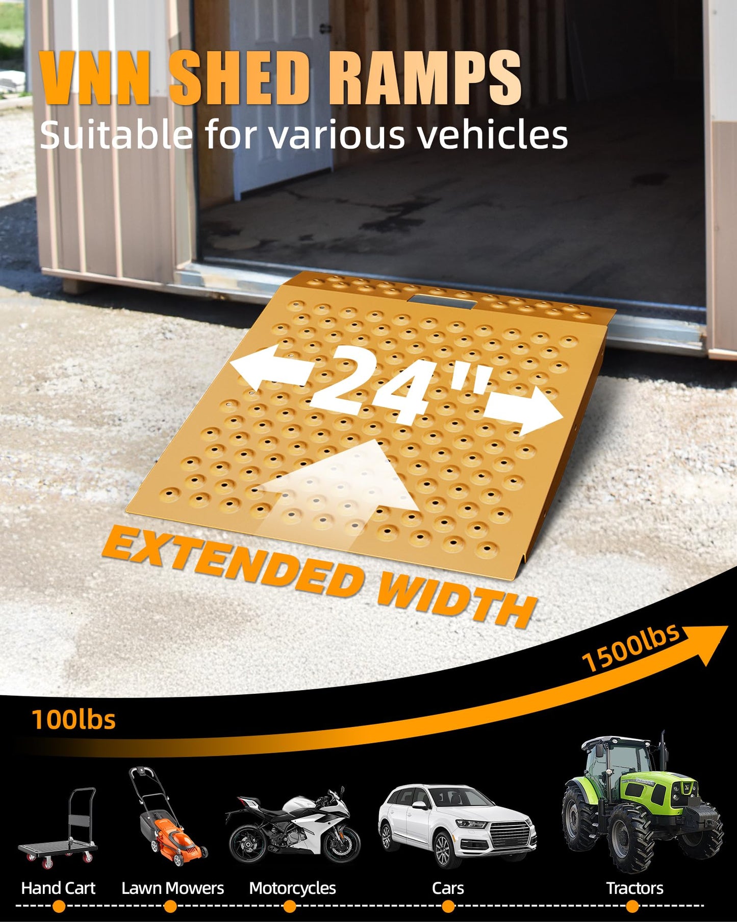VNN 29" x 24" Shed Ramp for Riding Mower - 750 LB Capacity Shed Ramps, Anti-Slip Punch Plate Ramp for ATV, Motorcycles, Garages & Barns (1PC, Yellow, Alloy)