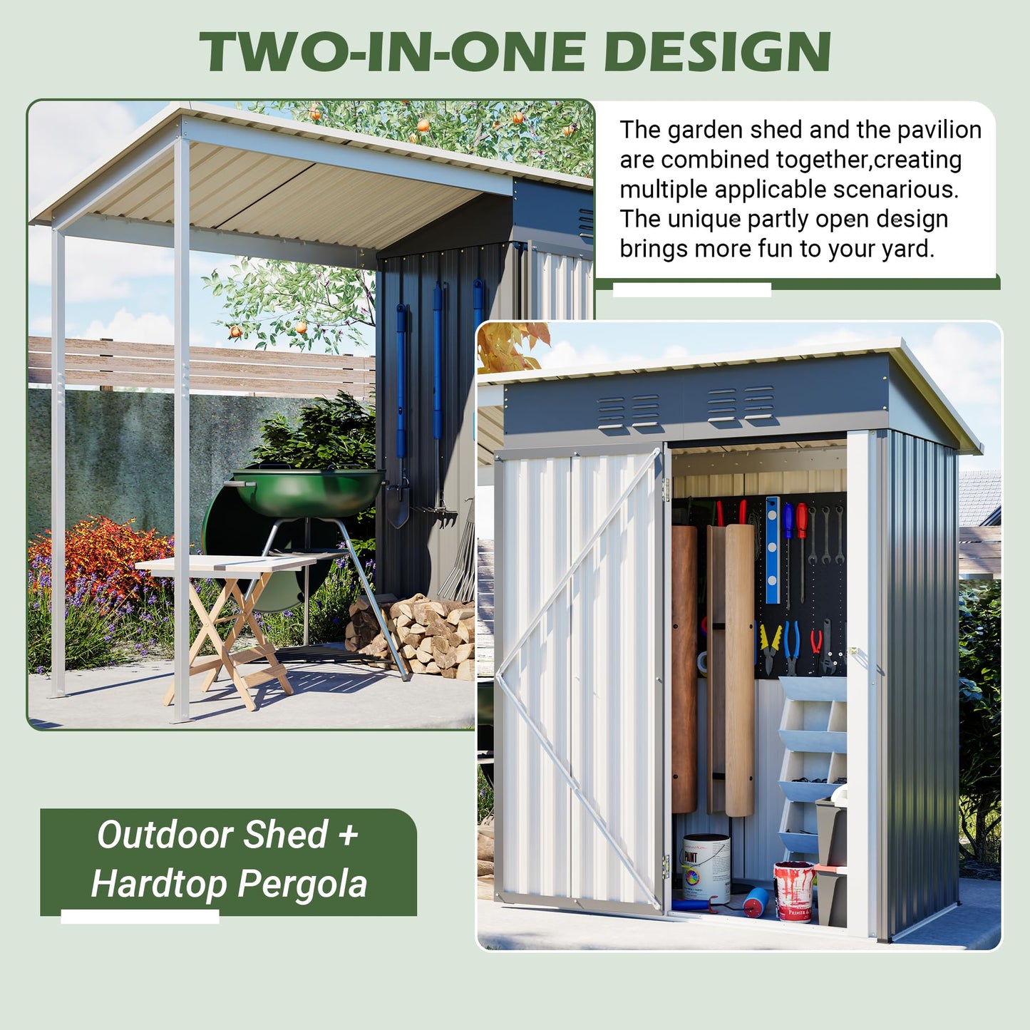 KEIKI Storage Shed 5x3 FT, Small Metal Tool Shed with Gazebo for Outdoor Storage, Galvanized Steel Garden Shed with Lockable Doors for Patio, Backyard, Lawn, Grey