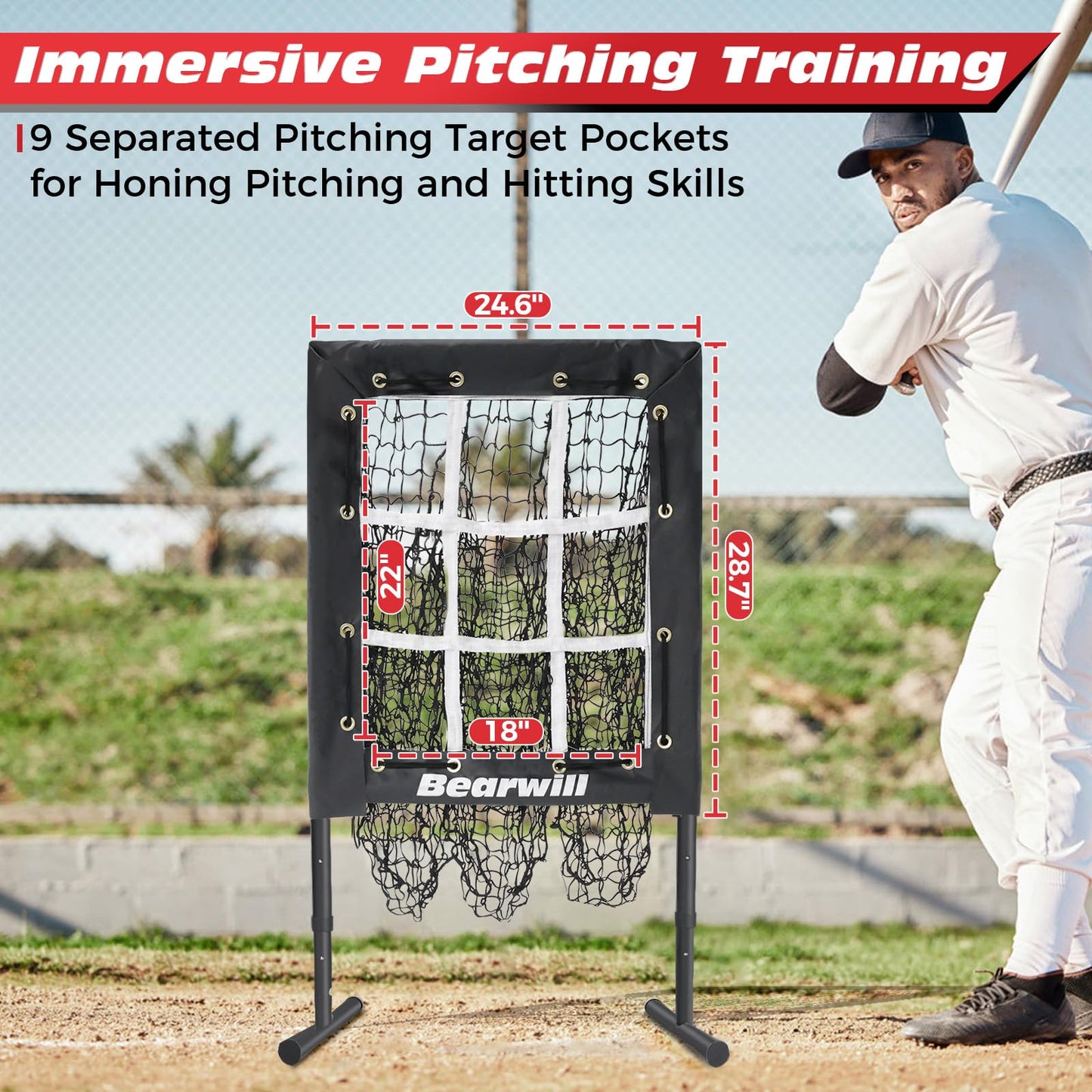 Bearwill Pitching Net, 9 Hole Pitching Net with Strike Zone, Baseball Softball Pitching Target with Adjustable Height, Baseball Pitcher Throwing Practice Training Equipment for All Skill Levels