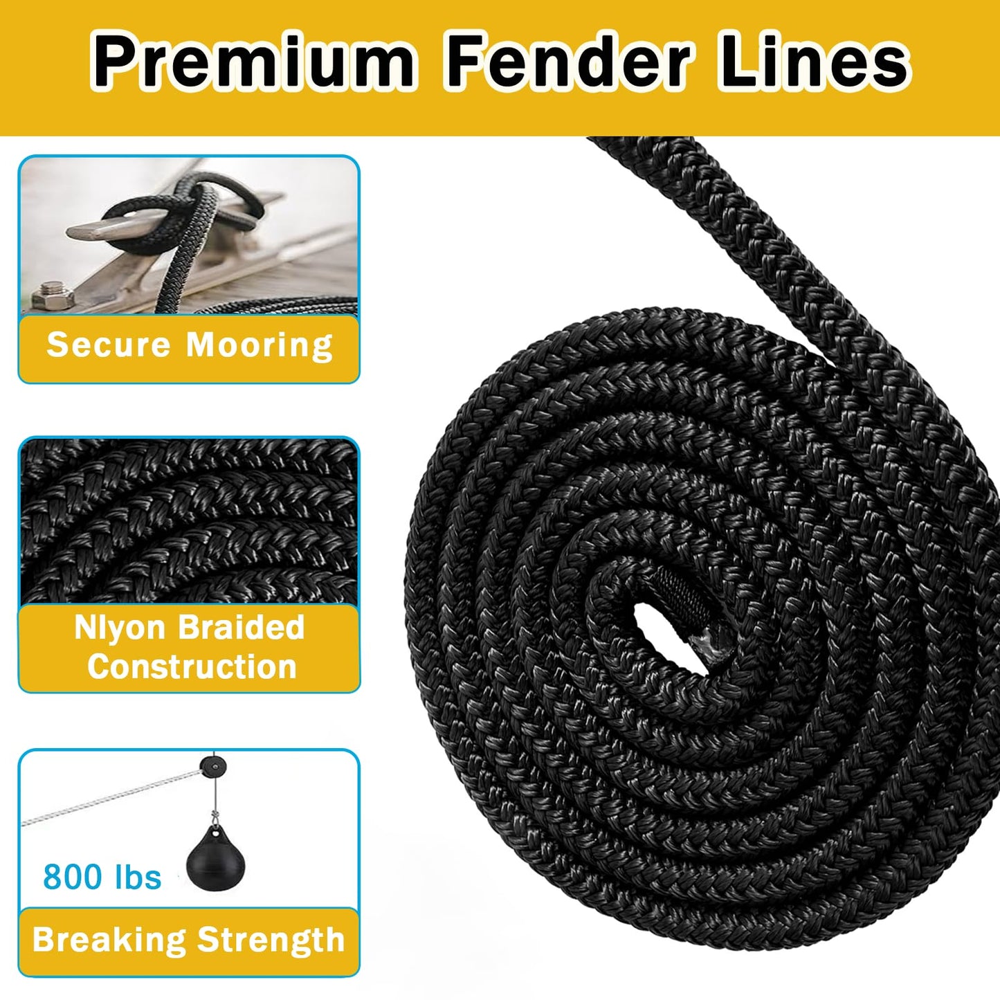 2 Pack 3/8'' x 6' Boat Fender Lines for Mooring, Docking Ties & Small Boat,Premium Marine- Grade Double Braided Nylon Boat Rope with a 5" Eyelet,Anti-Wear & Weather-Resistant-Black