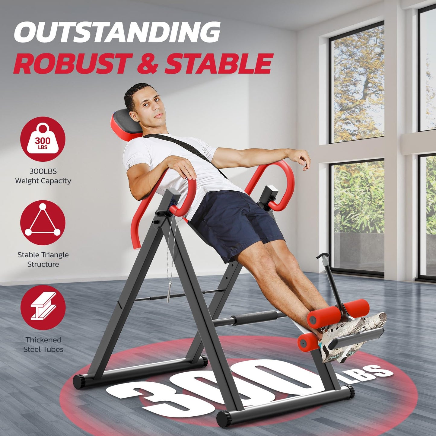 YOLEO Gravity Heavy Duty Inversion Table with Headrest & Adjustable Protective Belt Back Stretcher Machine for Pain Relief Therapy (Red02)