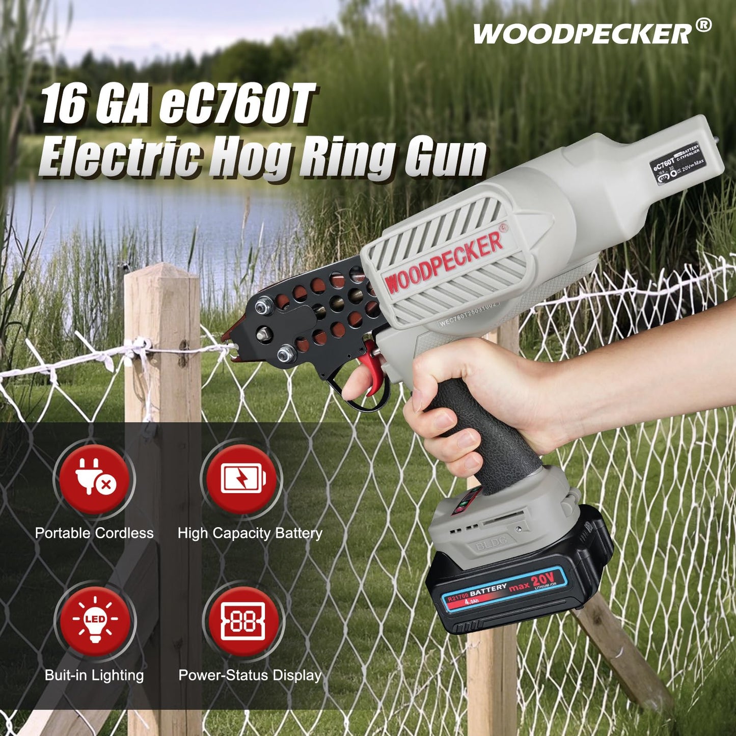 WOODPECKER eC760T 16GA Cordless 20V 4.0Ah Electric Hog Ring Gun, 1/2-Inch Crown, 3.0-4.0mm Closure Diameter, Battery Powered C Ring Plier Tool for Fencing, Wire Cages