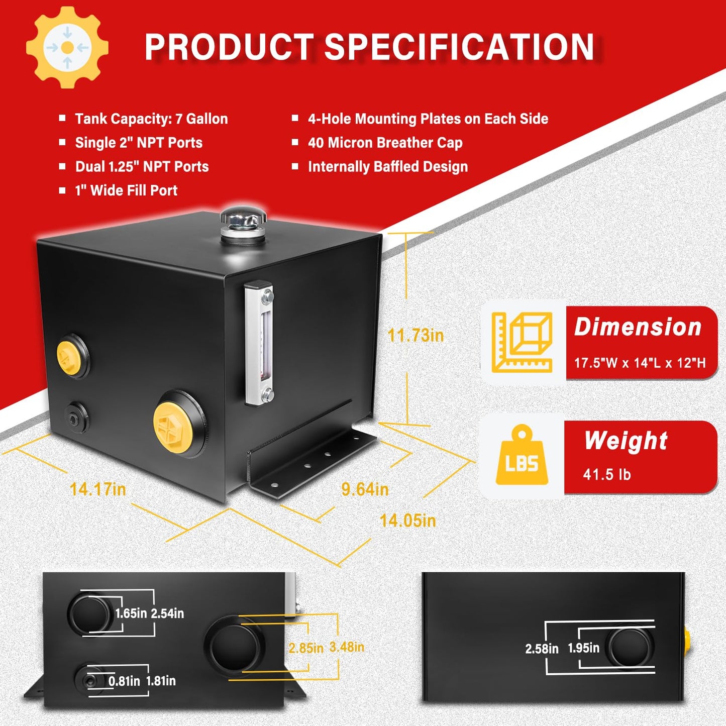 7-Gallon Hydraulic Fluid Reservoir Oil Tank for Tractors, Trucks & Log Splitters, Built-in Sight Gauge Temp Gauge Combo, Heavy Duty Steel Oil Tank Horizontal-Mount