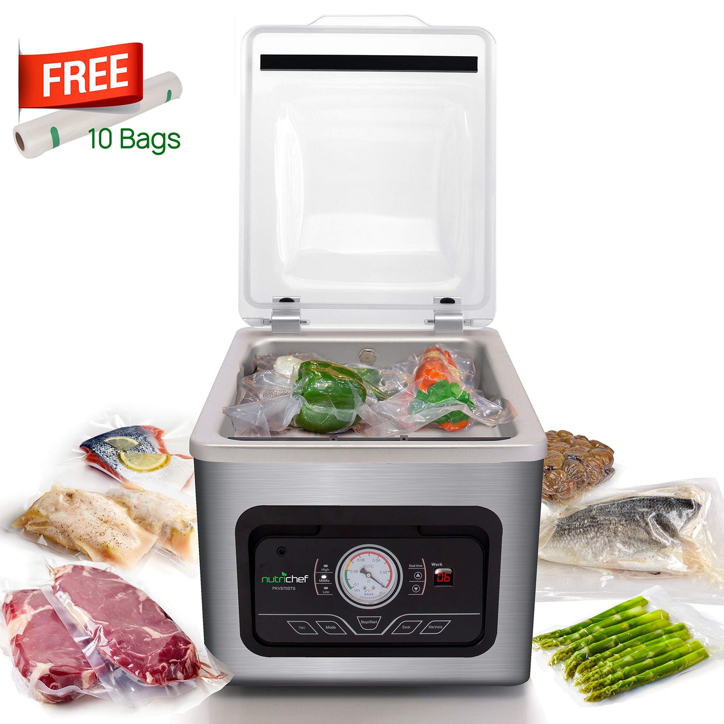 NutriChef Vacuum Sealer Machine - 350W Commercial 8L Chamber Type Automatic System Air Seal Machine Meat Packing Sealing Storage Preservation Sous Vide, Vac Roll Bags -NutriChef PKVS70STS
