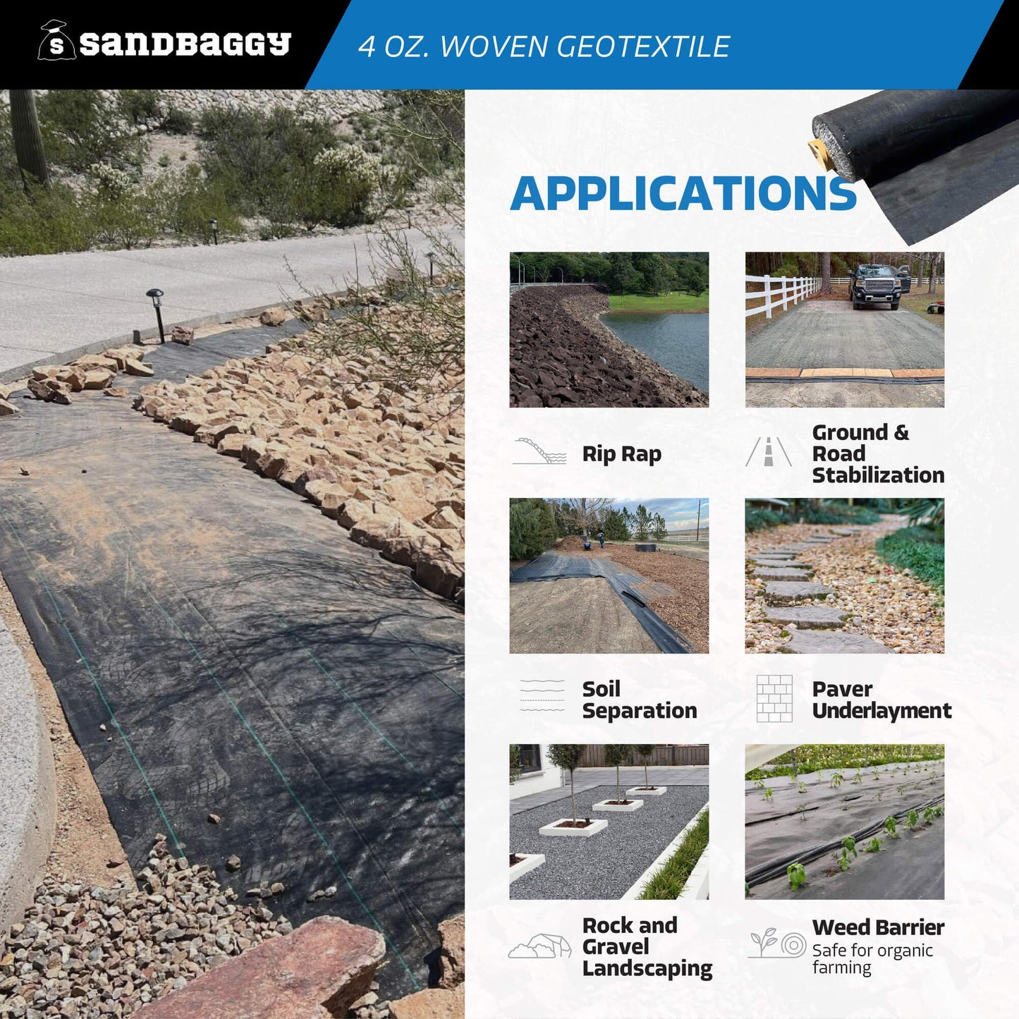 Sandbaggy Woven Geotextile Landscape Fabric | 50 YEAR Fabric* | for Soil Stabilization & Underlayment for Pavers, Driveway, Gravel Roads & Parking Lots | Meets AASHTO M288 Spec (17.5 ft x 100 ft Roll)