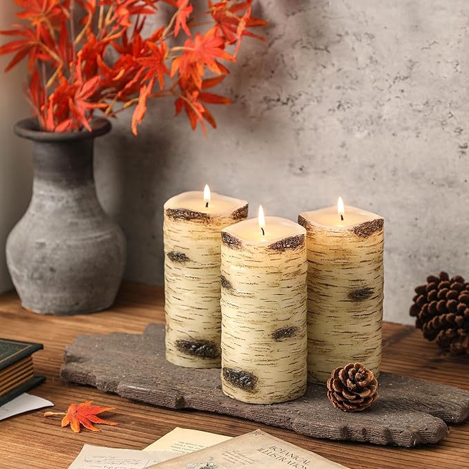 Birch Bark Pillar Candles, Fall Pillar Candles 3x6 Inch Set of 3, Thanksgiving Unscented Long-Lasting Smokeless Candles