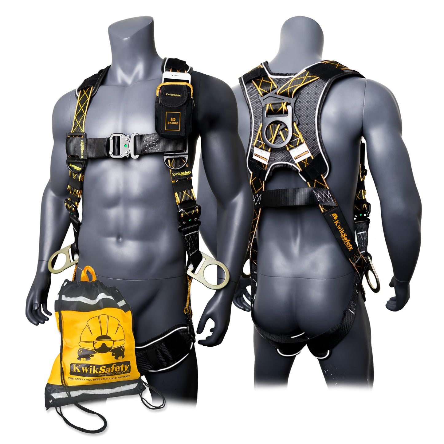 KwikSafety - Charlotte, NC - THUNDER DiamondBACK Safety Harness [5 QUICK CONNECT BUCKLES + 3 D-RINGS] ANSI OSHA Premium Fall Protection Black Full Body Fall Arrest Construction Roofing Gear