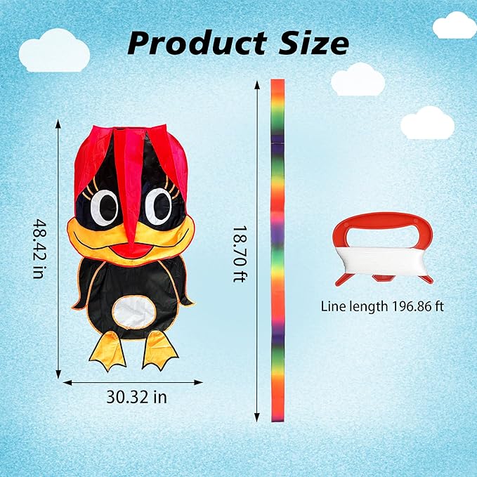 Duck Pattern Kites for Kids, Cute Large Kite Duck Kite with Long Colorful Tail for Kids & Adults, Easy to Fly Kite for Beginners Outdoor Activities