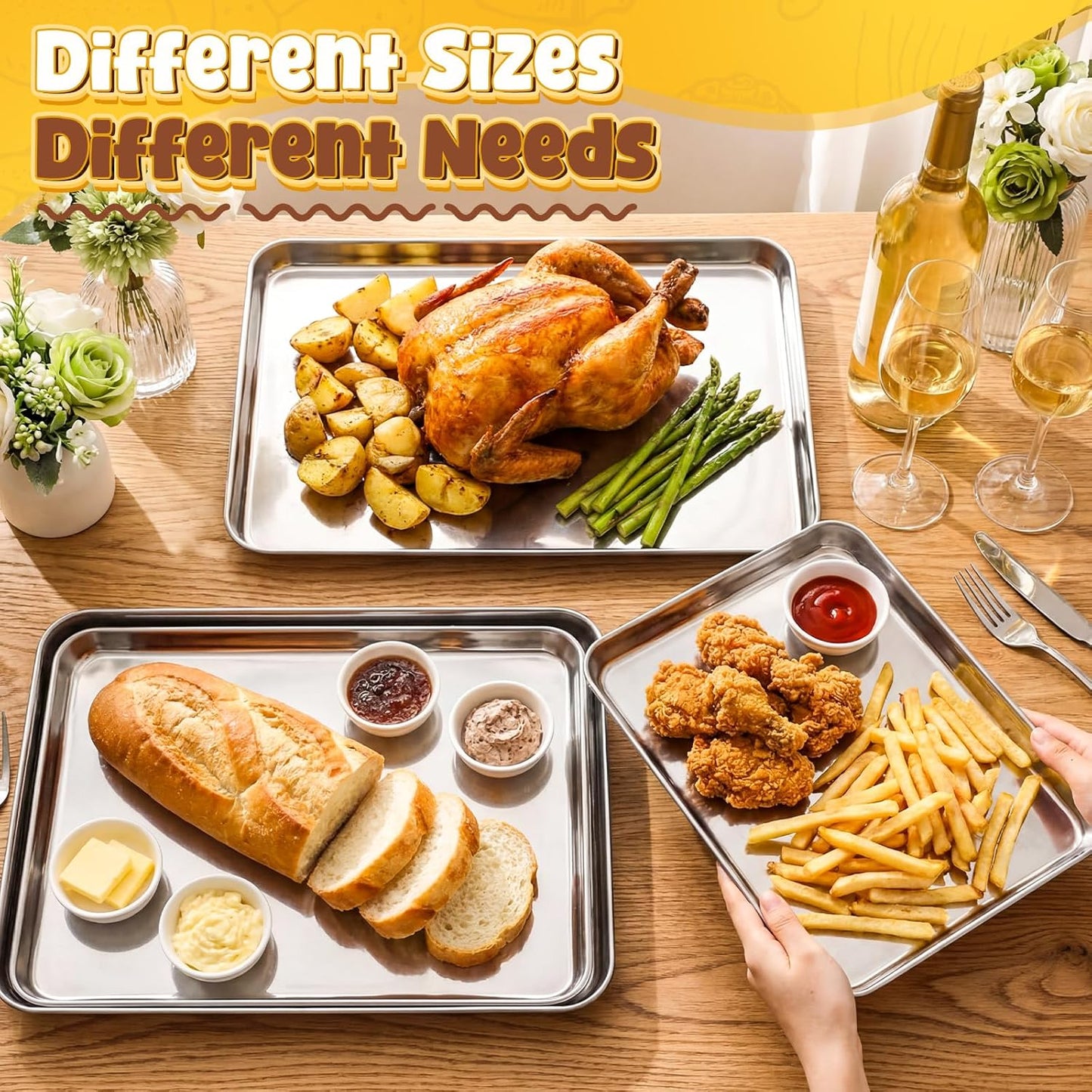 Skiennix Stainless Steel Baking Pans - 4 Pack Commercial Grade Cookie Sheets | Heavy Duty, Non-Stick, 16/18/20/24 Inch