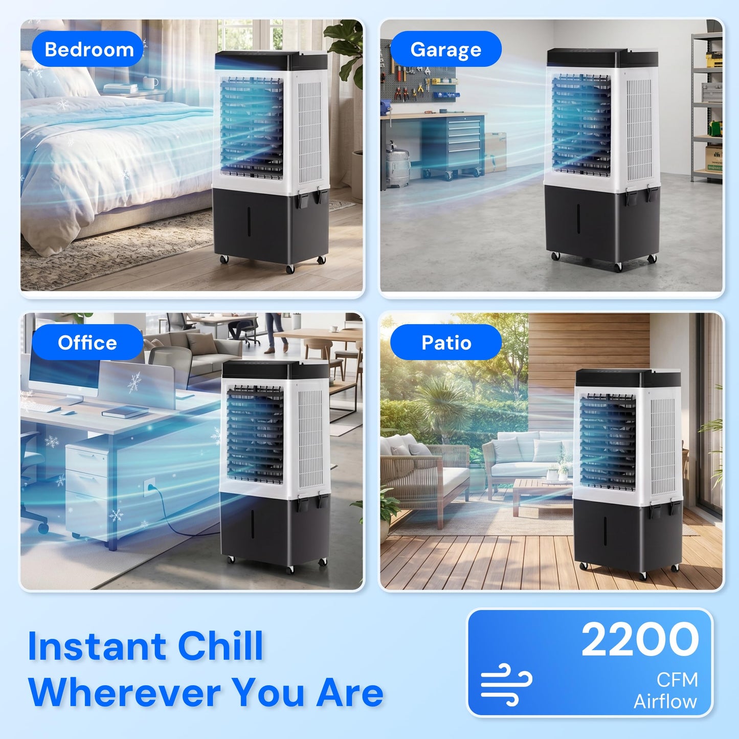 Swamp Cooler, 2200 CFM Evaporative Air Cooler with 8 Gal Water Tank, 4 Ice Packs, 120° Swing,12H Timer,3 Modes,3 Speeds, 3-IN-1 Windowless AC Unit, Room Cooler Portable Air Conditioner for Indoor Use