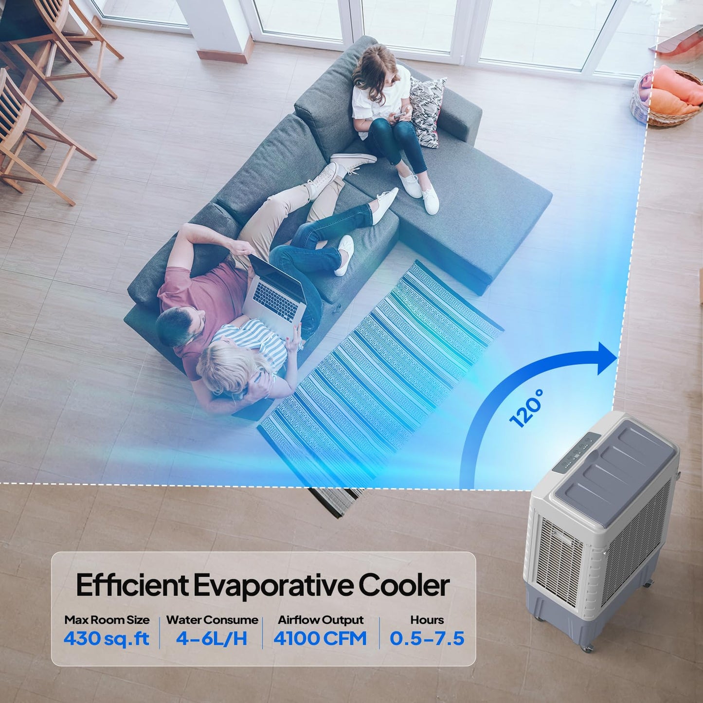 ROVSUN 13.2Gallon Evaporative Air Cooler, 4100CFM Portable Swamp Cooler with Remote Control, Oscillation, 3 Speeds, 7.5H Timer & 50L Water Tank, 3-IN-1 Cooling Fan for Home Office Garage Outdoor