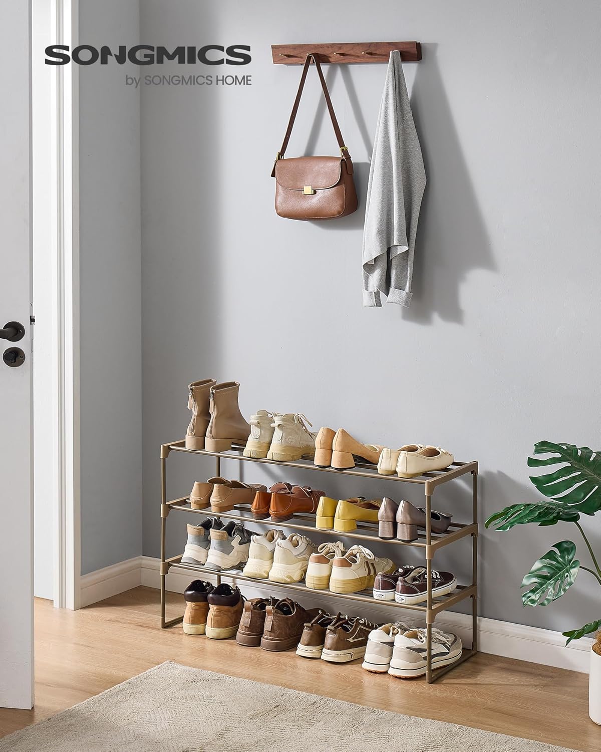 SONGMICS 3-Tier Shoe Rack - Stackable Metal Organizer for 16-20 Pairs | Walnut Brown, 11.8 x 36.2 x 21.7 Inches