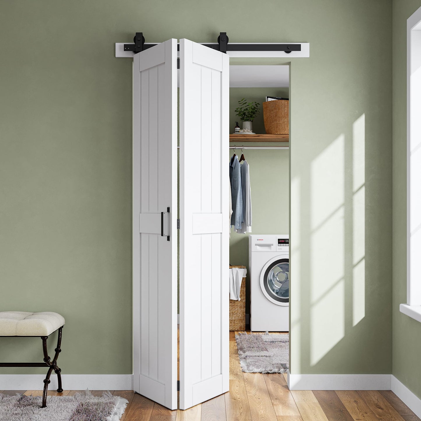 SMARTSTANDARD Bifold Barn Door 28'' x 84'',Bi-Fold Sliding Closet Doors with Hardware Kit Included,32'' Track Kit for 2 Doors,Waterproof & Quiet,Pre-Drilled Holes Easy Assembly,White