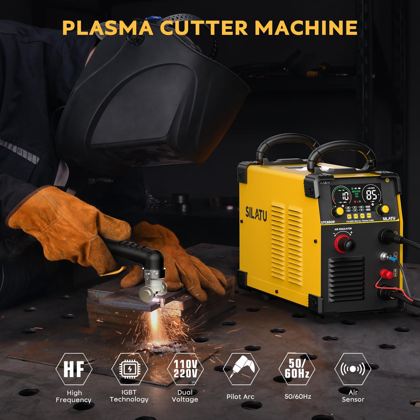 SILATU 85Amps Plasma Cutter, STC850P HF Non-Touch Pilot Arc Plasma Cutter Machine, 110/220V Dual Voltage Air Sensor Technology Digital Display, 1'' Clean Cut 5/4'' Max Cut, PT/2T/4T for Beginners DIY