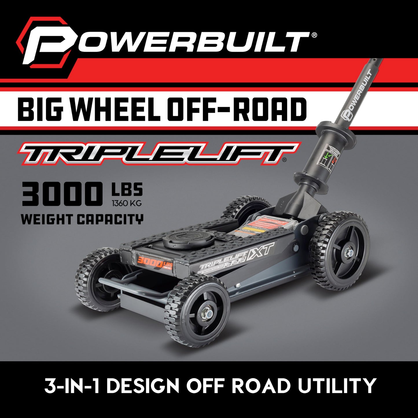 Powerbuilt Big Wheel Triple Lift Garage Jack, 3000 Pound Off Road Lift, Truck, Car, Motorcycle 1.5 Ton Capacity, 620613ECE