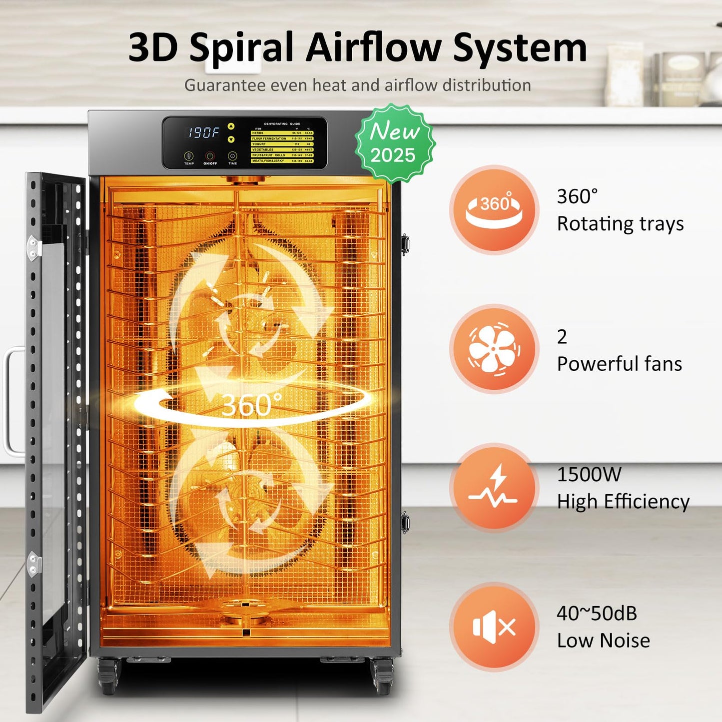 Septree 360 Rotating Dehydrator 16 Trays, Commercial Large Capacity Auto-Rotate Food Dryer Machine with Timer, for Beef Jerky Herbs Dog Treats, 1500W Fast Drying Industrial Dehydrater Stainless Steel