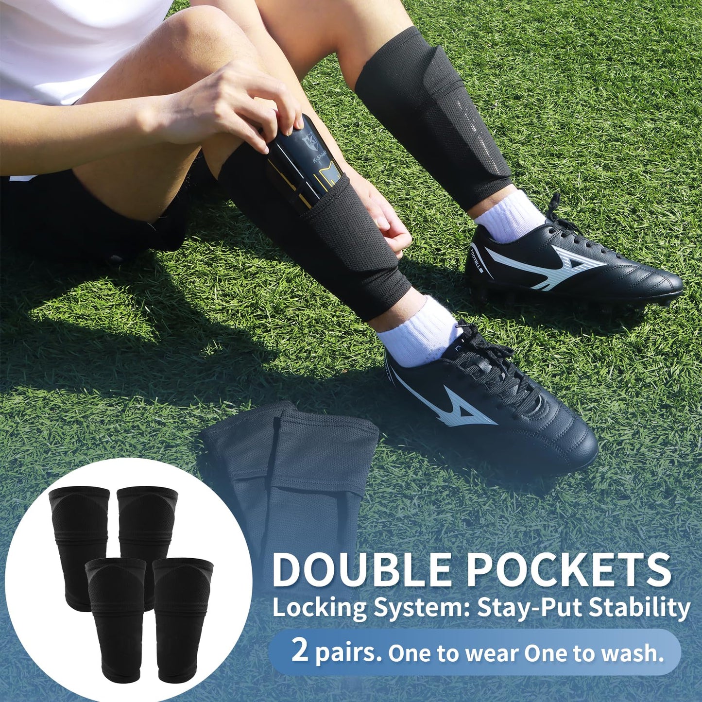 K-Shield Soccer Shin Guards for Kids Youth Adults, Protective Football Shin Pads 2 Sock Sleeves, Breathable Vents Lightweight Calf Guards for Boys Girls Men Women (L:5'3"-5'11")