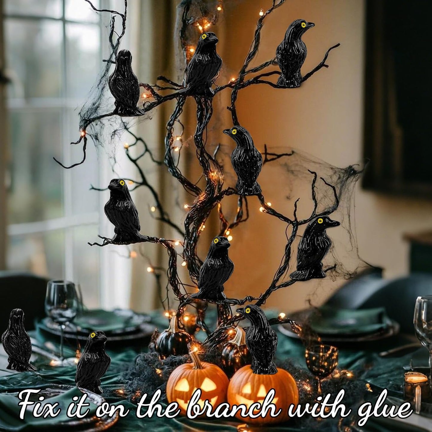 Skiennix Miniature Crows Figures - 36pcs Tiny Black Raven Figurines for Halloween Decor & Cupcake Toppers