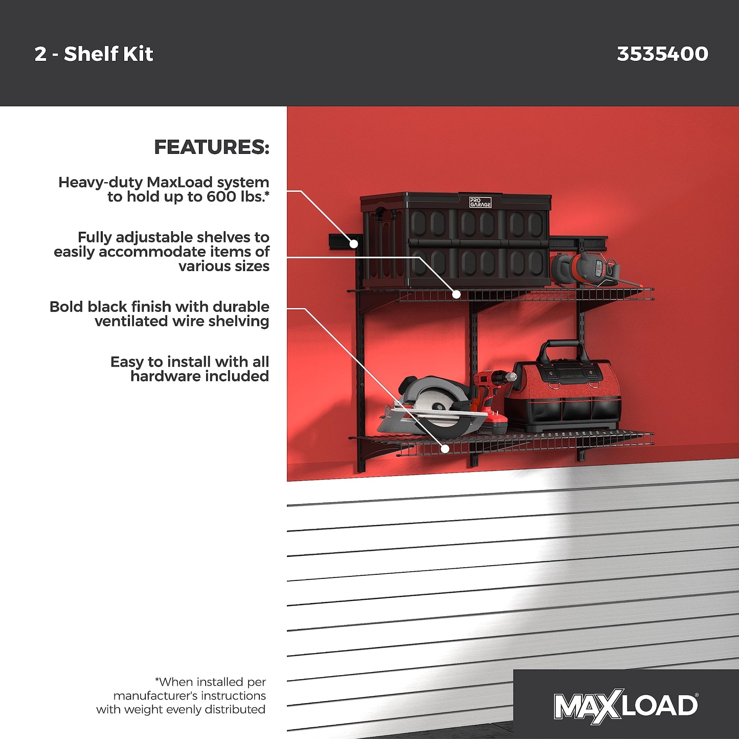 ClosetMaid Heavy Duty Wall Shelf Kit for Garage, 2 Shelves, Adjustable ShelfTrack Wire Shelving, Black Finish