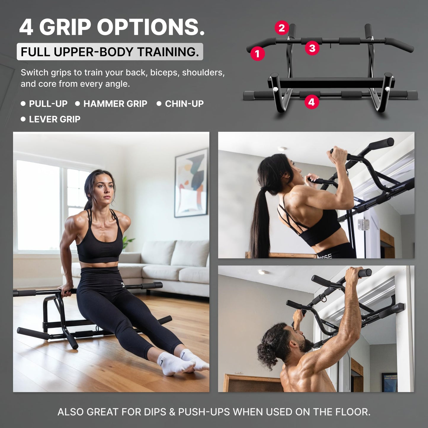 DMoose Fitness Pull Up Bar for Doorway with Pull Up Band - 250 lb Capacity, No Screws, Multi-Grip Chin Up Bar for Home Workouts, Upper Body & Strength Training - Includes Installation Guide