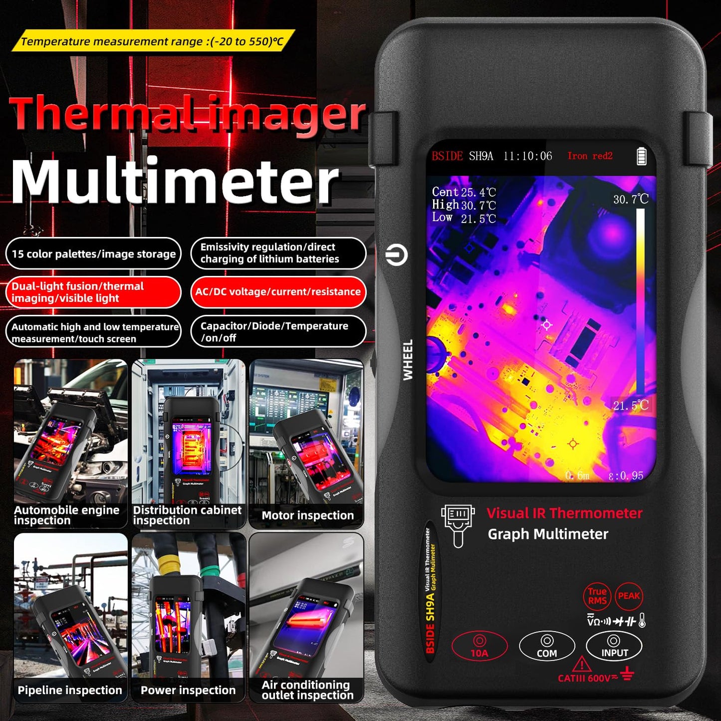 BSIDE SH9A Thermal Imager Multimeter with Macro Lens 428×320 IR Resolution, 20000 Words Multimeter with 3.98'' Touchscreen 25Hz Infrared Thermal Camera 15 Thermal Palettes Dual-Light Fusion IR Camera