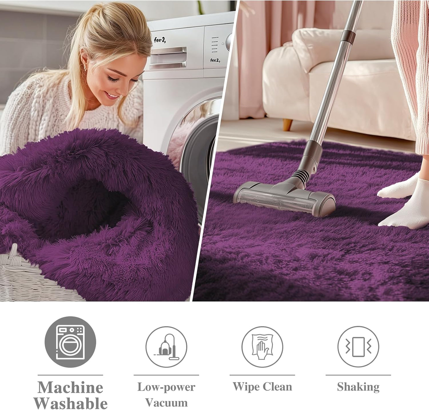 OLANLY Dark Purple Round Rug - Soft & Fluffy 4 ft Machine Washable Area Rug for Bedroom & Living Room Decor