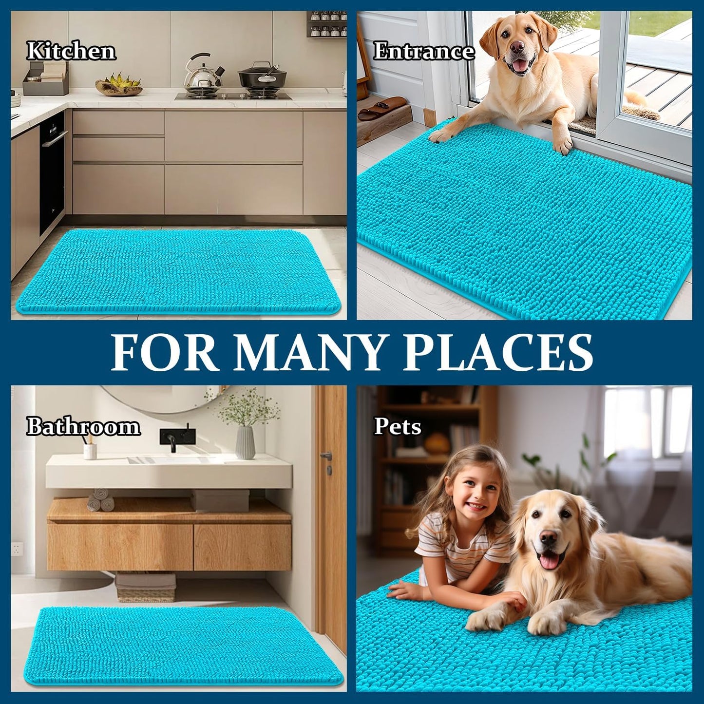 OLANLY Dog Door Mat - Absorbent Non-Slip Chenille Mat for Muddy Paws | 59x24 Inches, Aqua Blue