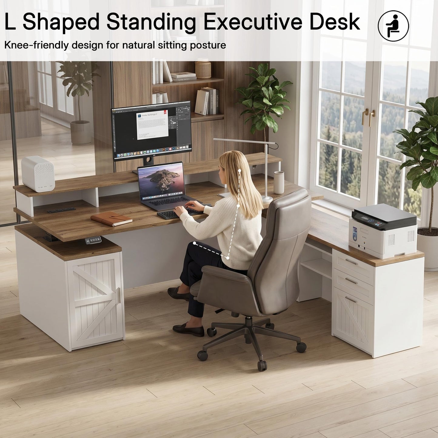 ZIMASYA 71" L Shaped Executive Desk with Table Board & File Cabinet Drawers Outlet USB,Height Adjustable Desk Privacy Panel Sit-Stand Workstation for Boss Managers Office Home,Walnut & White