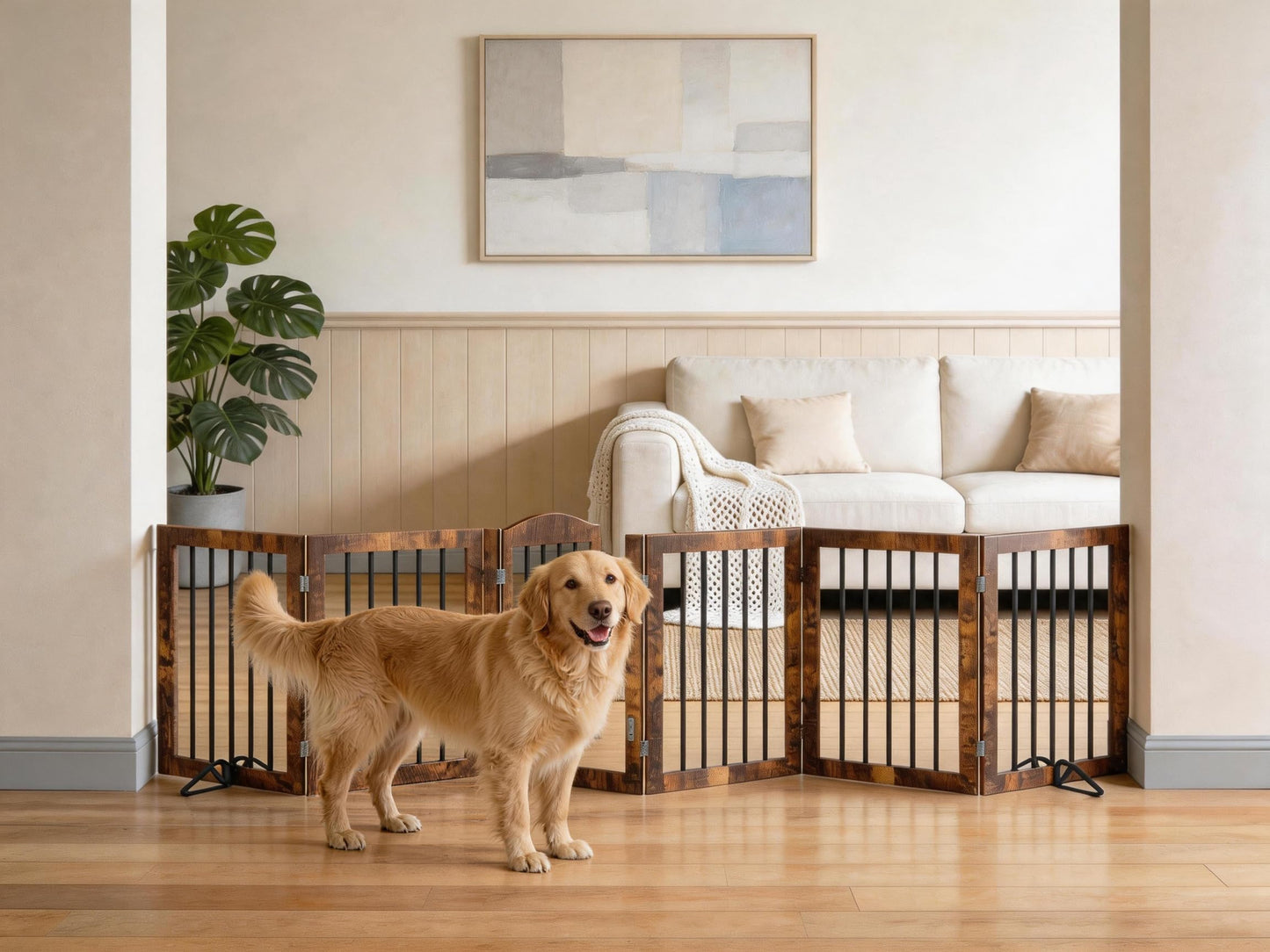 Vantas Folding Pet Gate 120" Wide, 30" Tall No-Assembly Wooden Dog Gate with Door Walk Through, Freestanding Puppy Safety Fence, with 2PCS Support - Rustic Brown