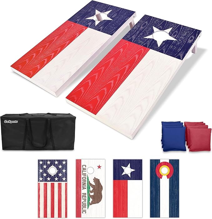 GoSports 4 x 2 ft Flag Series Wood Cornhole Sets – American Flag or State Flags – Includes 2 Regulation Size Boards, 8 Bean Bags, Carrying Case and Rules