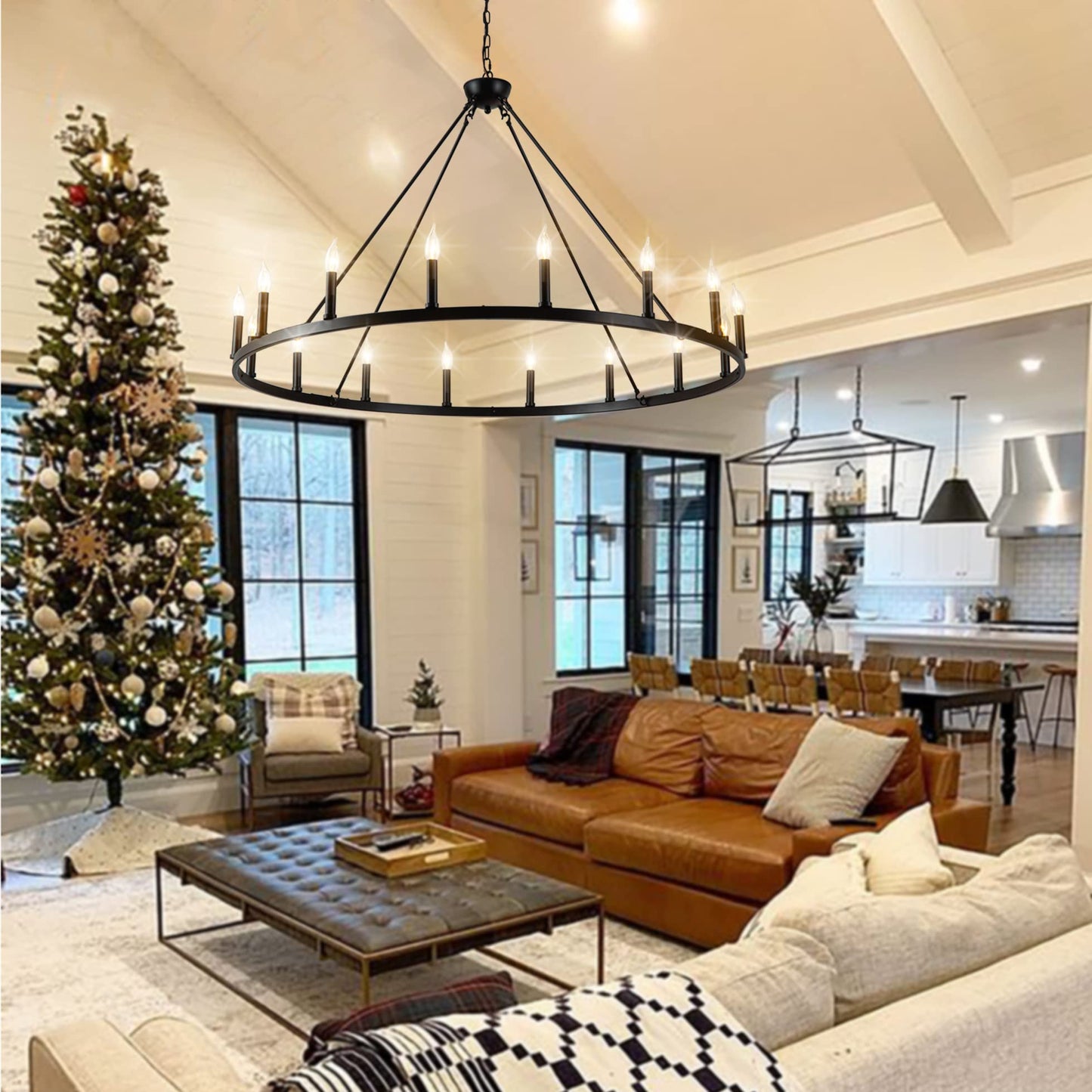 Psyverii 16-Light Black Wagon Wheel Chandelier Large Farmhouse Chandelier, Round Rustic Lighting, Farmhouse Light Fixture