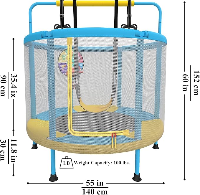 LANGXUN 60" Trampoline for Kids, 5ft Mini Toddler Indoor & Outdoor Trampoline with Net, Basketball Hoop & Dart Board, Birthday Gifts for Boys & Girls, Baby Toddler Christmas Toys (Blue & Yellow)