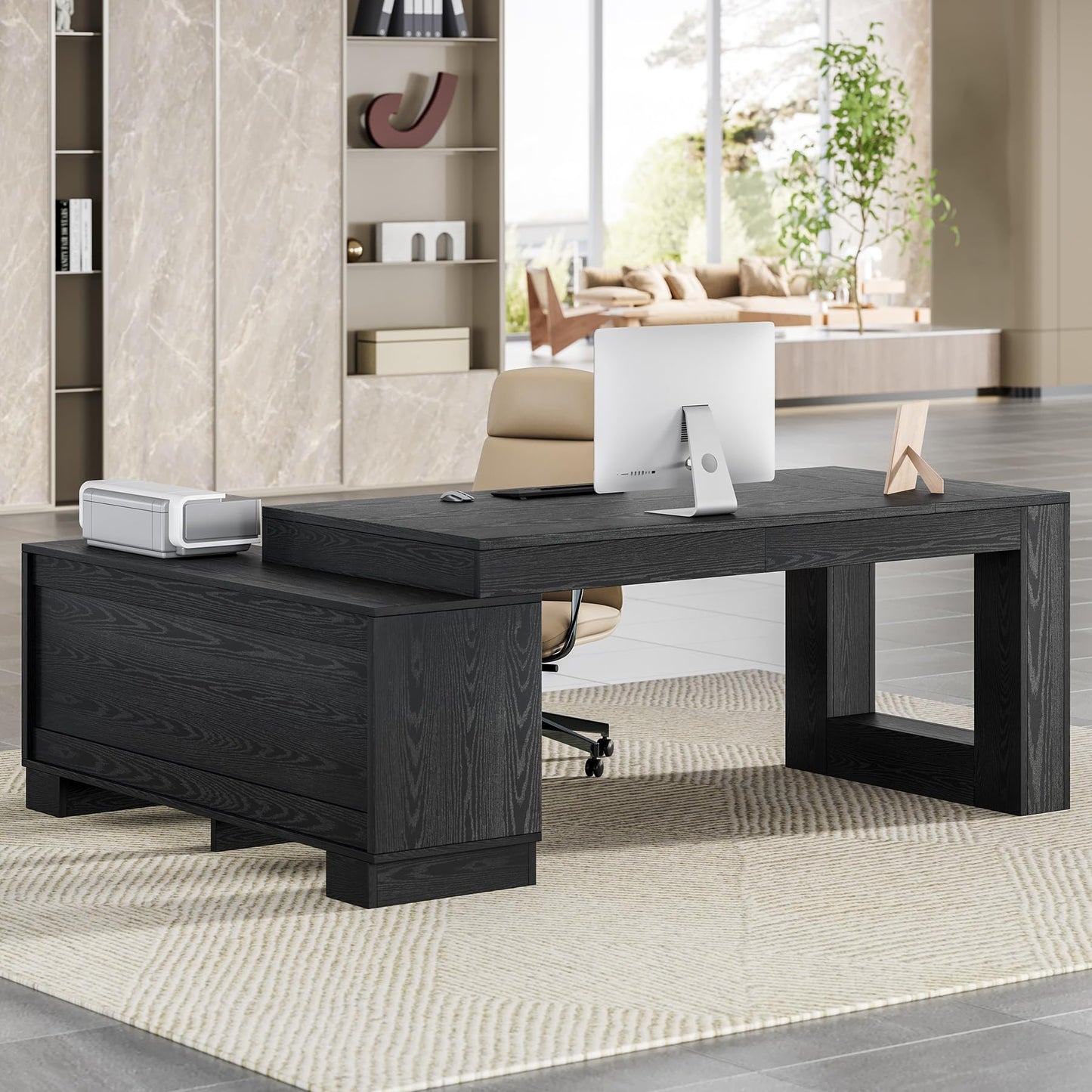 LITTLE TREE L Shaped Executive Desk, Large 63" Executive Desk with File Cabinet, Modern L Shaped Desk, Corner Computer Desk for Home Office & Business Furniture Workstation, Black