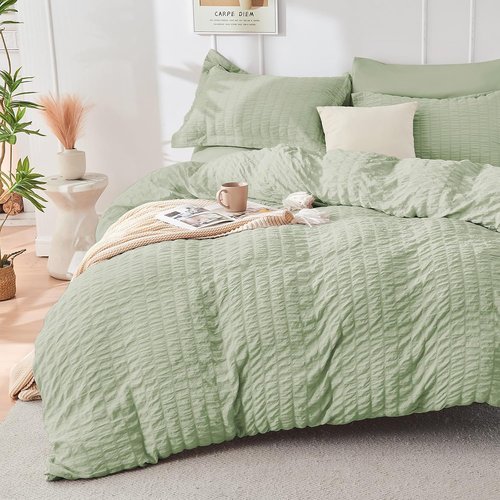 HYMOKEGE California King Comforter Set - Light Green Seersucker 7-Piece Luxury Bedding Set