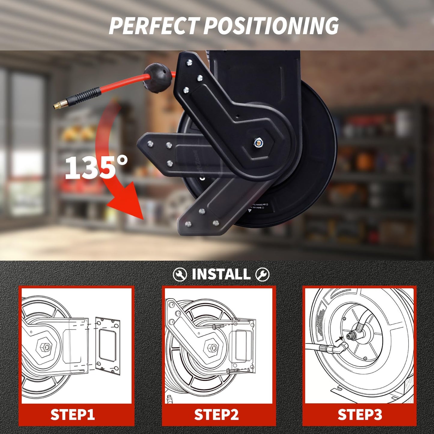 Retractable Air Hose Reel | Rewind 50 ft x 3/8 in Hybrid Air Hose Max 300PSI | Heavy Duty Air Compressor Hose Reel with Auto Rewind and Bracket | Ceiling|Wall Mount for Garage|Workshop|Home Studio