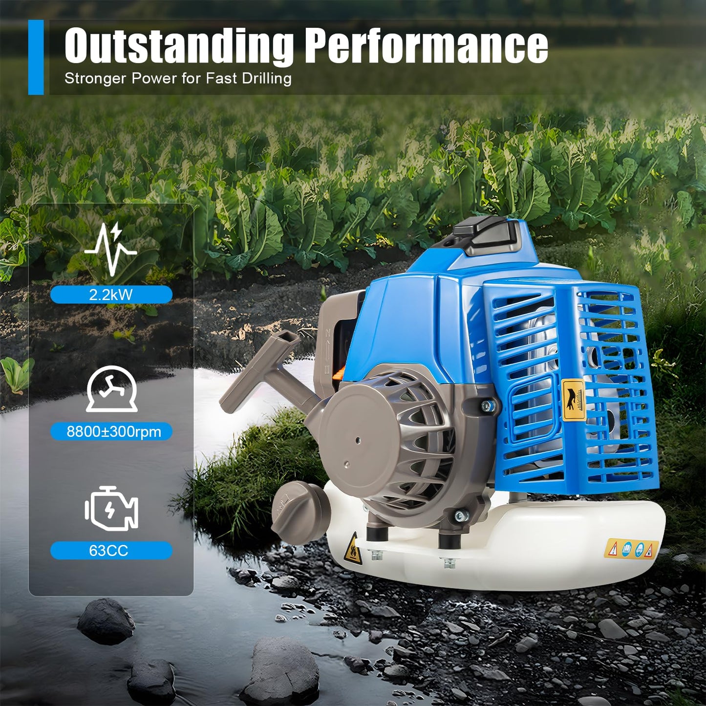 63CC 2-Stroke Post Hole Digger, 3HP Gas Powered Earth Auger Borer Ground Drill Gasoline Earth Auger Wheelbarrow with 11" Bit for Fence Ground Drill Garden Tree Planting (Blue)
