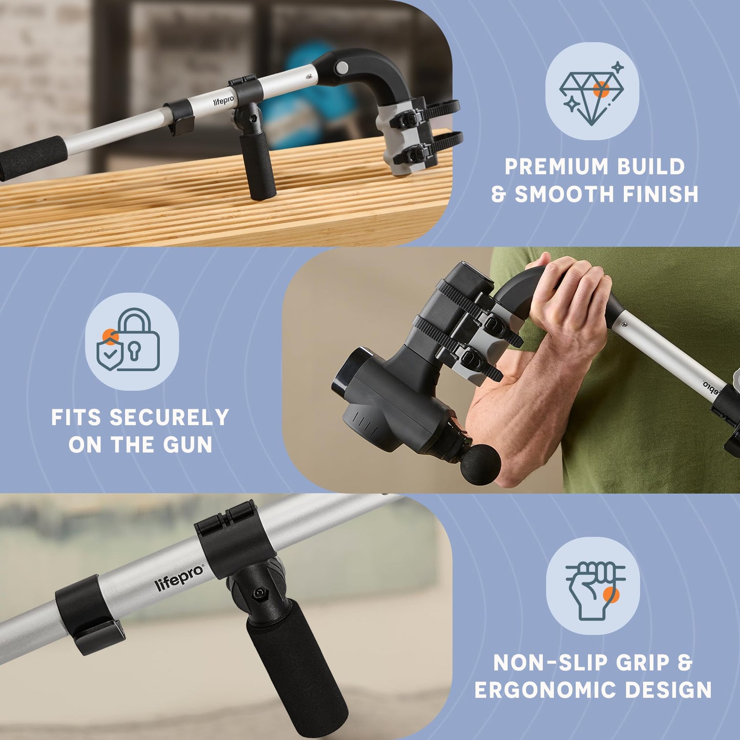 LifePro Massage Gun Holder for Back – Ergonomic Massage Gun Extension Handle – Compatible with All Major Brands - Portable, Lightweight, Targets Hard-to-Reach Areas