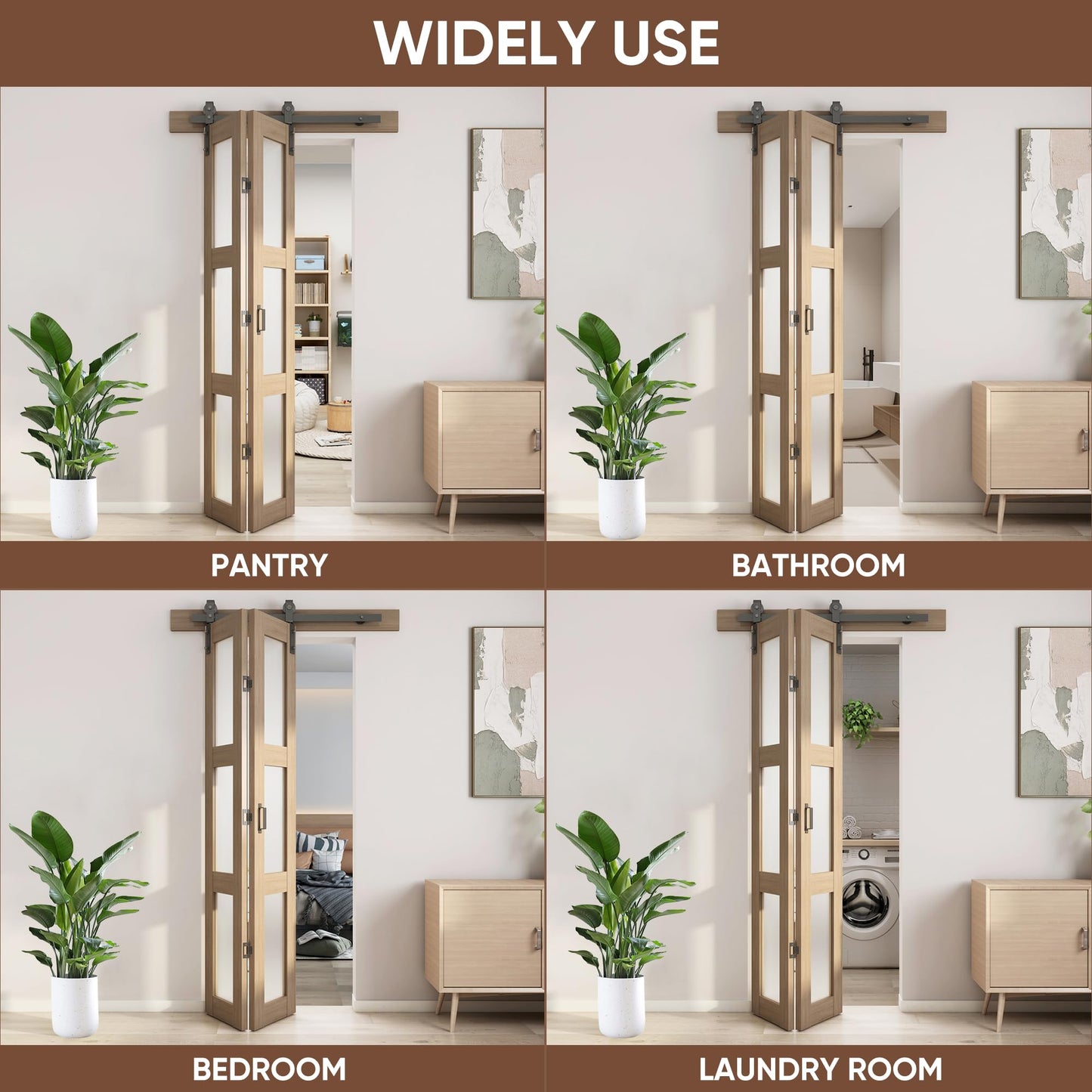 JUBEST Bifold Glass Barn Door, 30Inch Bi Fold Sliding Barn Door Kit with Hardware Include, 3-Panel Glass Barn Door Slab, Solid Wood Barn Door with MDF & Water-Proof PVC Surface, Brown