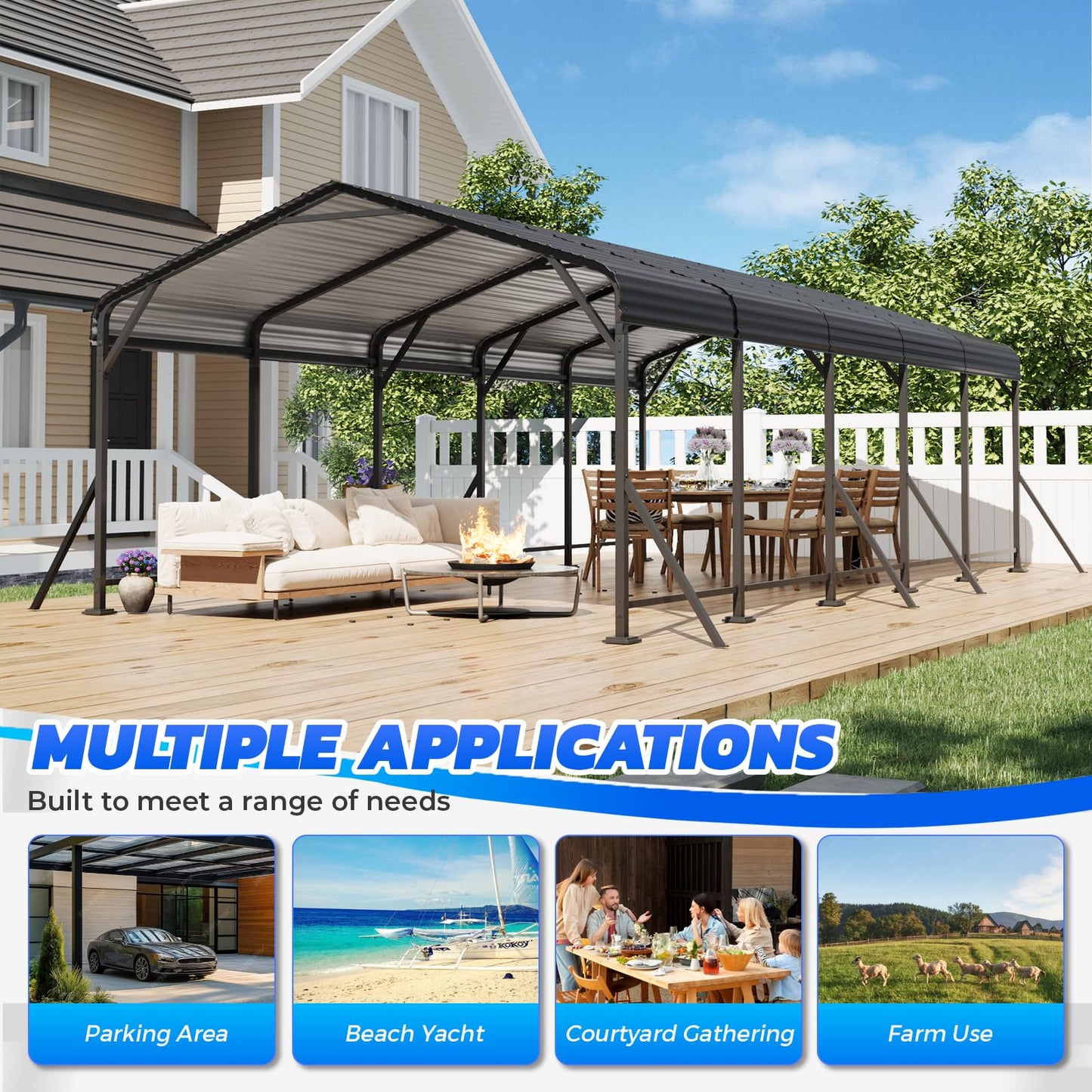 EROMMY13' x 26' Heavy Duty Metal Carport with Galvanized Steel Roof & Base for All-Weather Protection, Outdoor Carport Garage, Versatile for Car, Boat, Tractor, and Party Use, Dark Gray