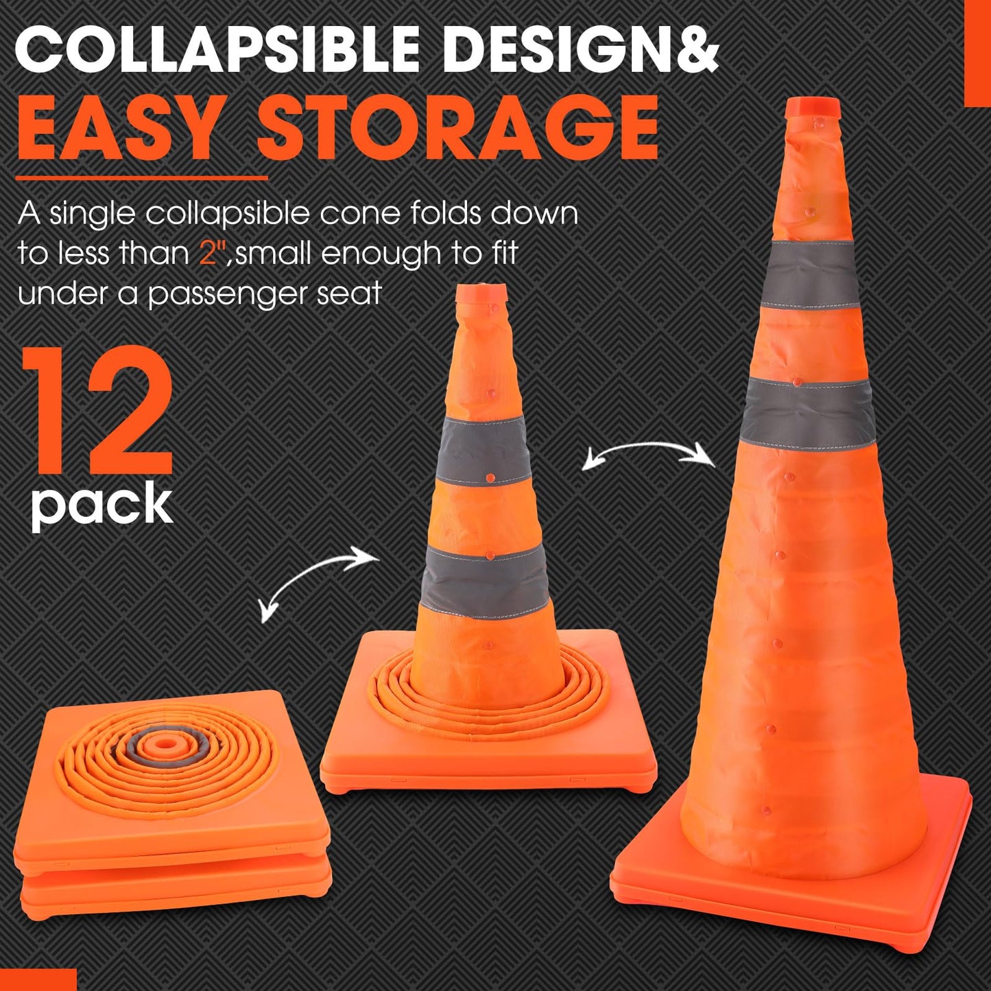 Paterr 12 Pack Collapsible Traffic Cones with LED Light, Multi Purpose Pop up Extendable Road Parking Cones, Safety Cones with Reflective Collar(28 Inch)