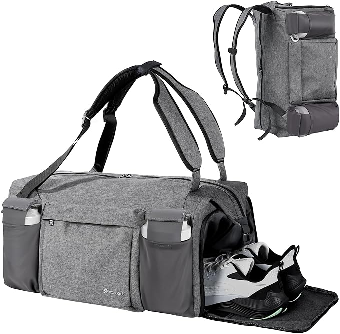 Gym Bag for Men with 2 Upgraded Bottle Holders Convertible Duffle Bag and Gym Backpack Waterproof Sports Bags with Shoes Compartment and Wet Pocket - Grey