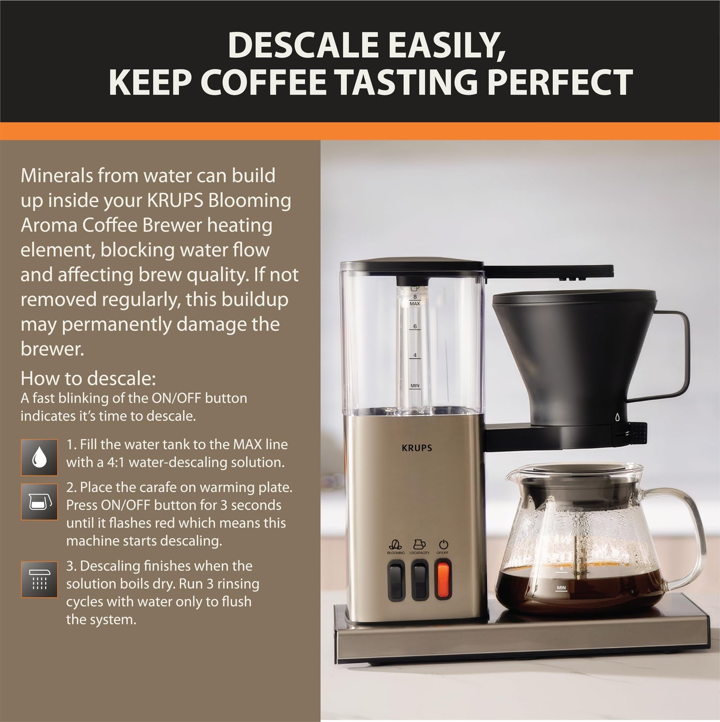 KRUPS Essential Brewer 8 Cup Drip Coffee Maker Machine, SCA-Certified, Blooming Technology, Barista-Quality, Pour Over Coffee Machine, Easy to Clean, Stainless Steel Design, Silver