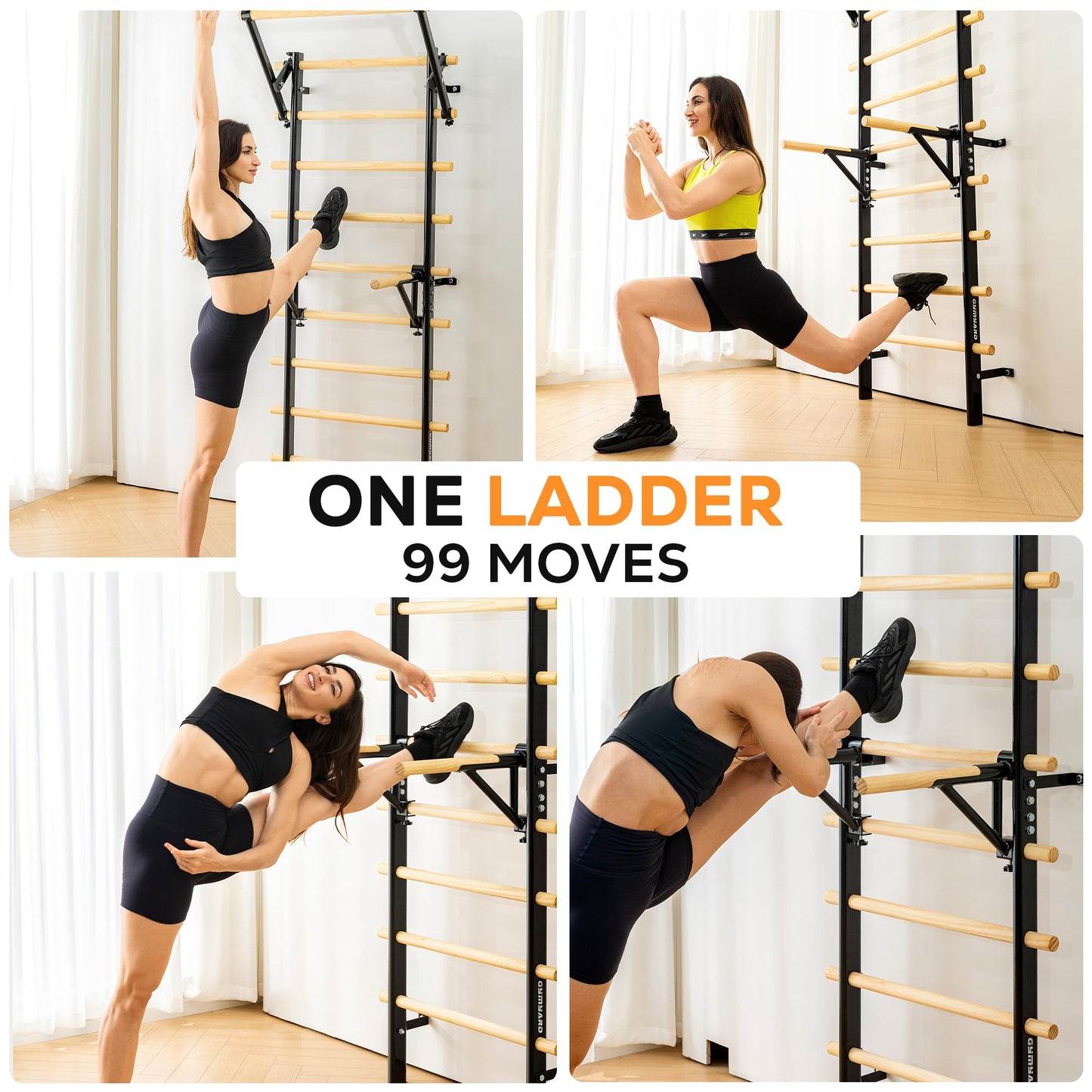 GymYard Swedish Ladder, Wood Stall Bar, Swedish ladders Wall Gym Adult, Adjustable Pull Up and Dip Station for Adults and Kids, 9-Anchor Solid Pine, Home Fitness