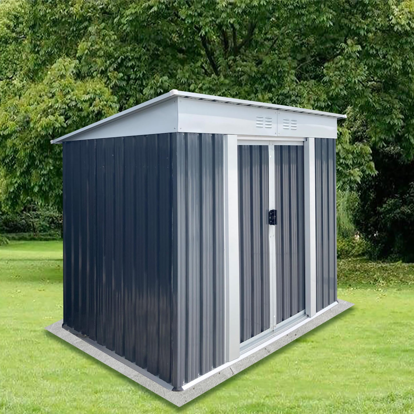 KEIKI 6x4 FT Outdoor Storage Shed with Pent Roof and Lockable Sliding Door, Small Waterproof Galvanized Steel Storage House with Aluminum Alloy Frame for Garden, Backyard, Patio, Lawn, Grey & White